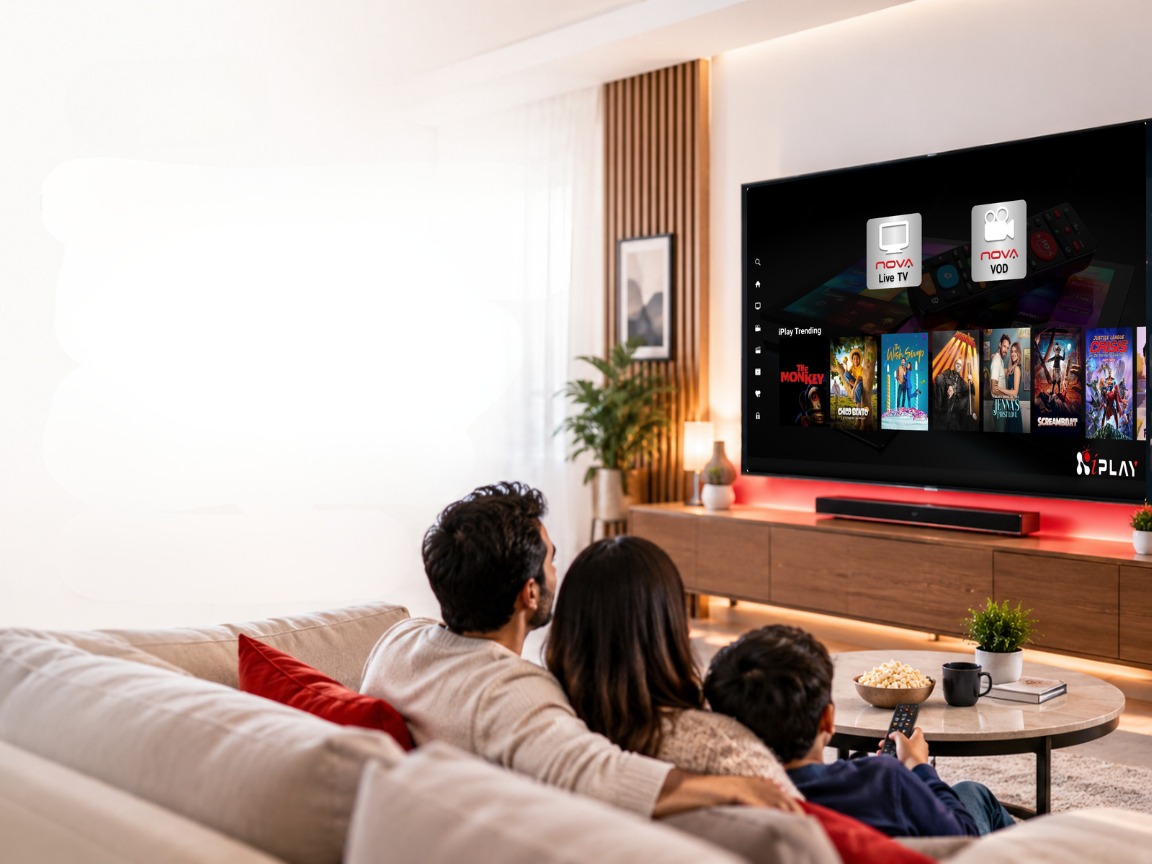 Smart TV showing live news and a grid of entertainment channels